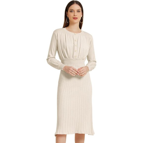 Dresses & Skirts - Women's Ribbed Knit Midi Dress Crew Neck Pleated Bishop Sleeve Casual